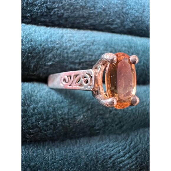 Sterling Silver Gold Topaz Ring Size 6 Oval Cut Gemstone Scroll Band 2g - Picture 5 of 10